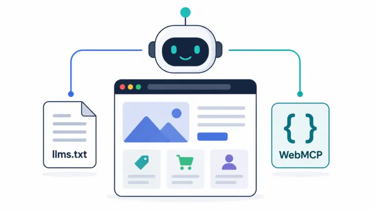 Friendly AI robot connected to a website window, with “llms.txt” and “WebMCP” icons indicating agent-readable site structure and callable web tools.