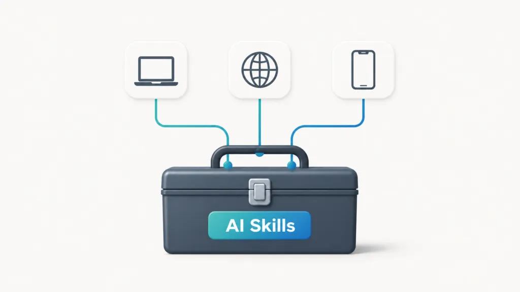 Minimal illustration of a toolbox labeled “AI Skills” connected by teal-to-blue lines to three generic app icons (laptop, globe, smartphone) on a light background.