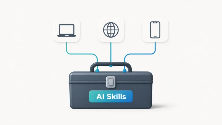 Minimal illustration of a toolbox labeled “AI Skills” connected by teal-to-blue lines to three generic app icons (laptop, globe, smartphone) on a light background.