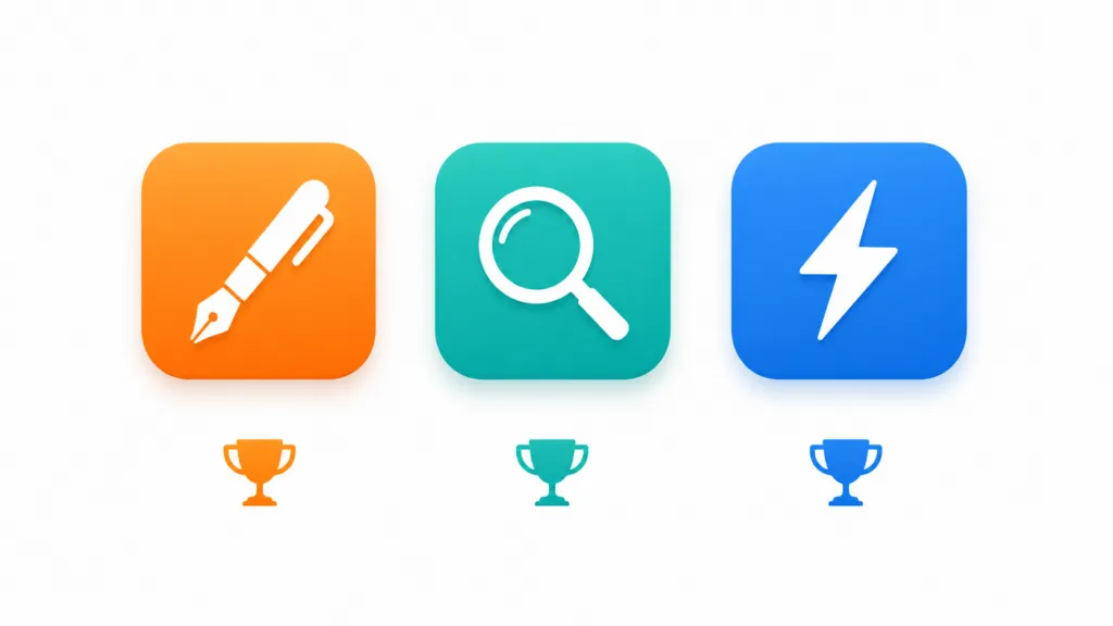 Minimalist illustration of three app-style icons—orange pen, teal magnifying glass, and blue lightning bolt—with matching trophy symbols beneath on a white background.