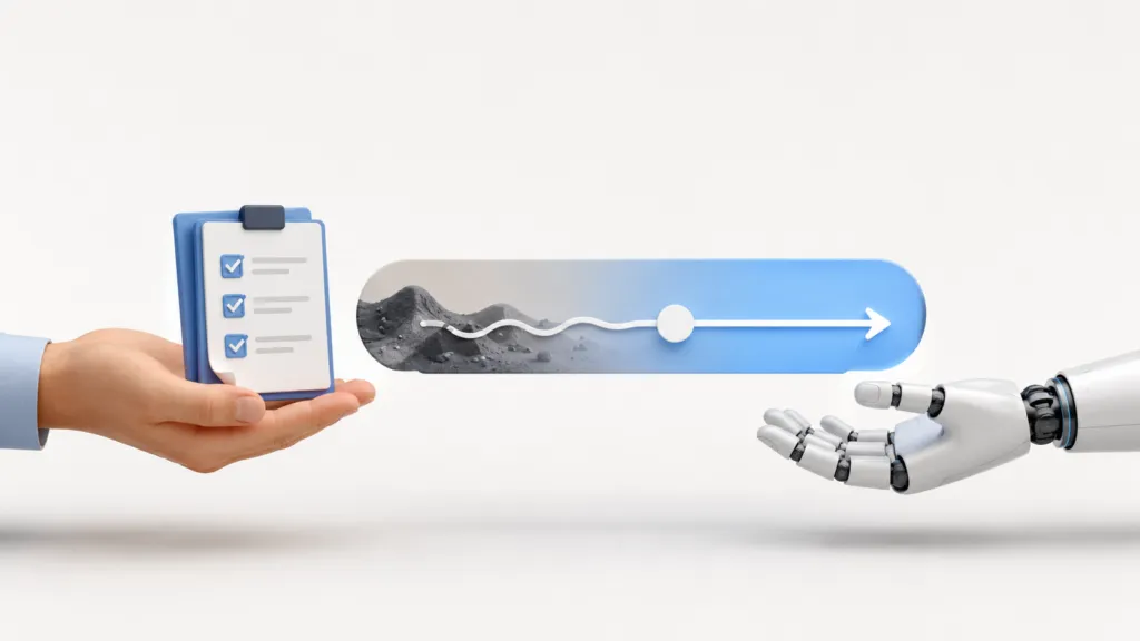 Human hand holding a checklist clipboard facing a robot hand, with a slider showing a transition from a rough path to a smooth path.