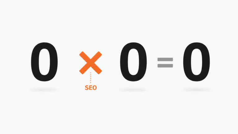 Minimalist equation graphic on a white background showing “0 × 0 = 0,” with the orange multiplication symbol labeled “SEO” beneath it.