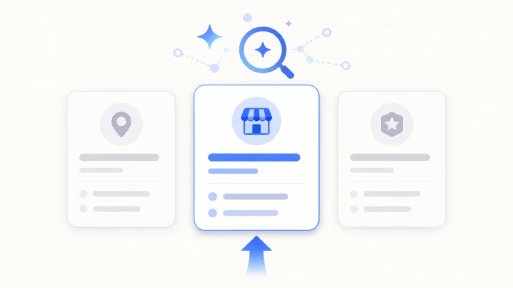 Three directory listing cards side by side, with the center card highlighted in blue, an AI search/network icon above, and an upward arrow pointing to the center card.