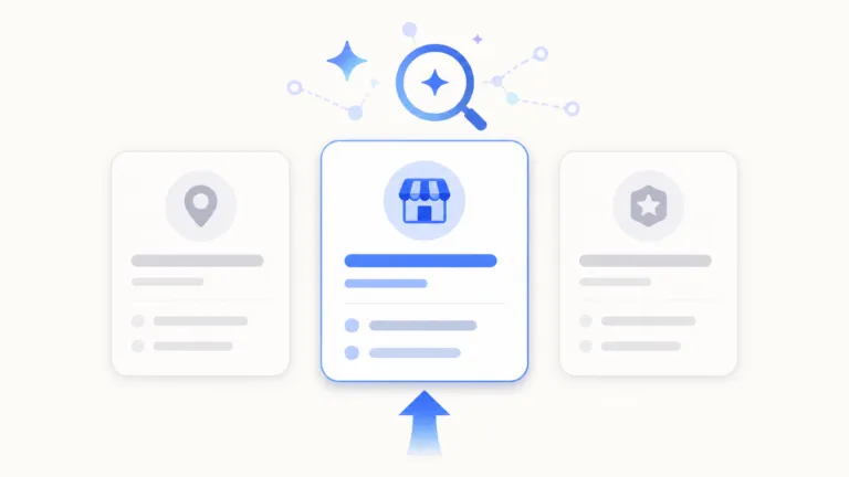 Three directory listing cards side by side, with the center card highlighted in blue, an AI search/network icon above, and an upward arrow pointing to the center card.