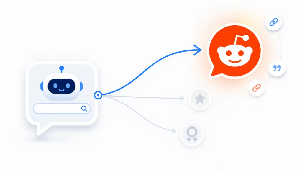 Minimal illustration of an AI chatbot search panel sending multiple query arrows outward, with the main arrow pointing to a large Reddit speech-bubble icon and faint secondary icons for reviews and awards in the background.