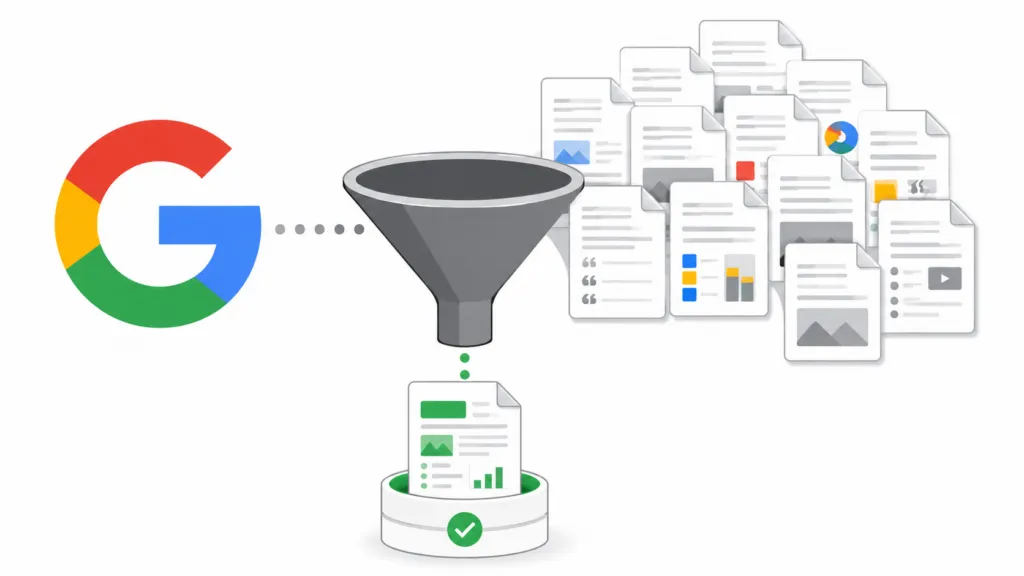 Google “G” icon feeding multiple web pages into a funnel, with one approved page dropping into an indexed database tray.