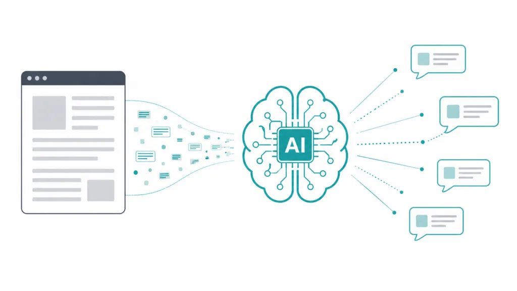 Minimal vector graphic showing a webpage icon flowing into an AI brain/chip and radiating out to several chat-style summary bubbles on a white background.