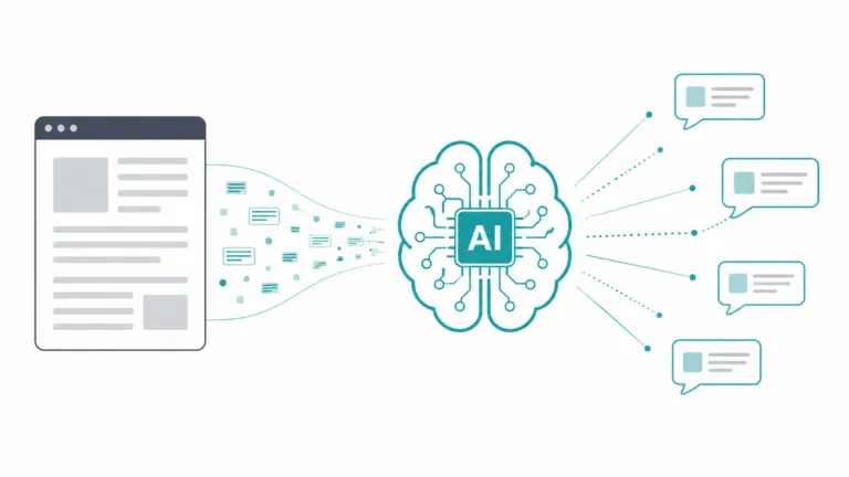 Minimal vector graphic showing a webpage icon flowing into an AI brain/chip and radiating out to several chat-style summary bubbles on a white background.
