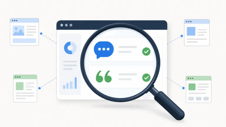 Minimal illustration of a magnifying glass inspecting a dashboard with chat and quote icons, checkmarks, and dotted lines connecting to small webpage cards.