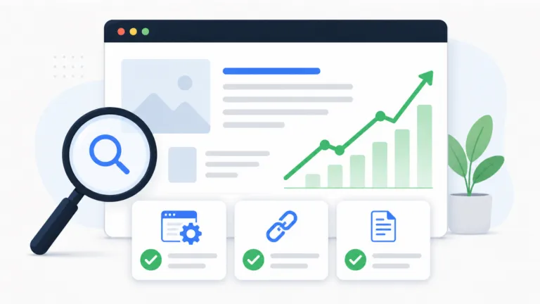 A clean, minimalist illustration of a browser window with a magnifying glass, three checklist cards with checkmarks, and an upward-trending green analytics chart.