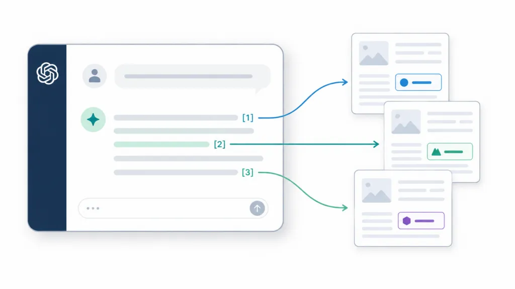 AI chat answer with citation markers linking by arrows to three source article cards