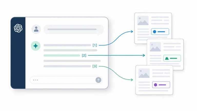AI chat answer with citation markers linking by arrows to three source article cards