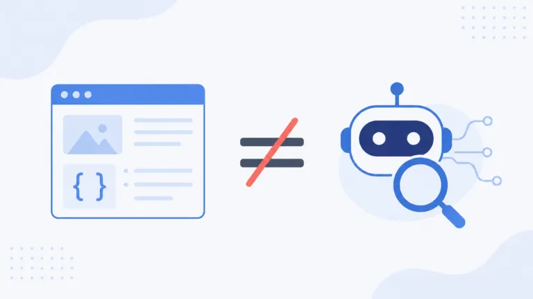 Browser page with curly braces icon, a crossed-out equals sign, and an AI robot with a magnifying glass on a light background