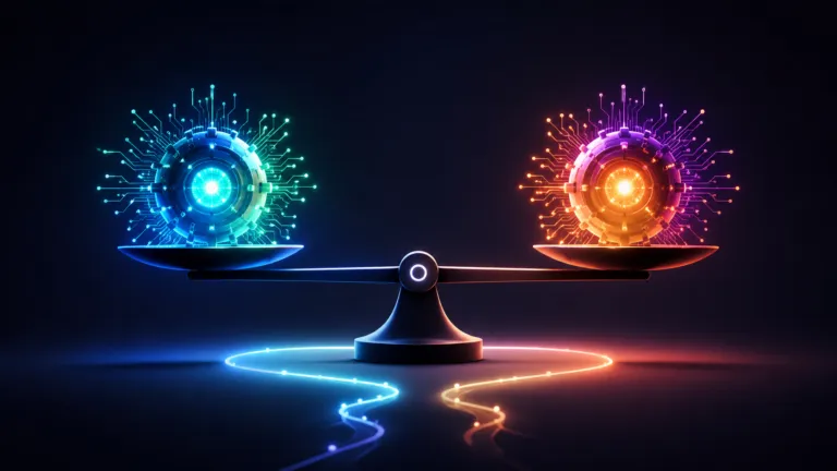 Clean illustration of two AI models on a balanced scale representing AI comparison, model evaluation, and choosing the best AI solution for business.