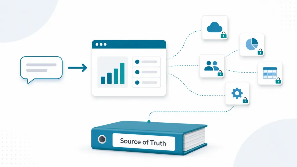 Chat bubble feeds a dashboard that splits into multiple locked app tiles, all connected to a binder labeled “Source of Truth.”