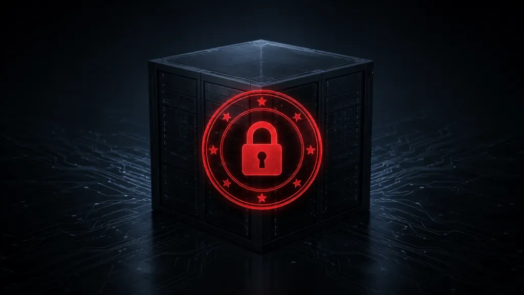 Large AI server cube with a red restriction seal and padlock icon on a dark circuit-themed background.