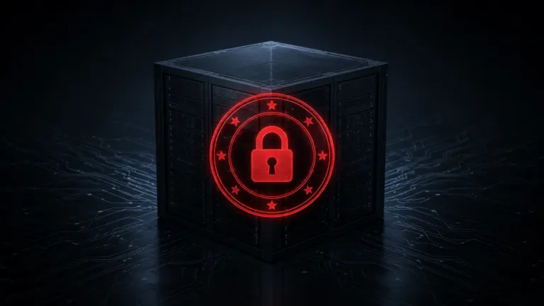 Large AI server cube with a red restriction seal and padlock icon on a dark circuit-themed background.