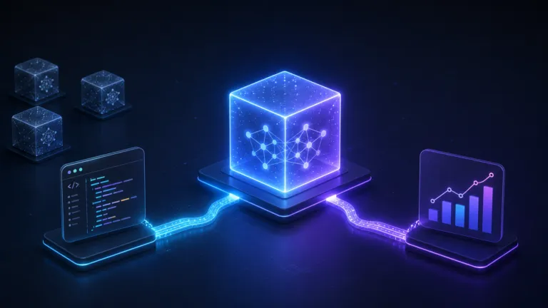 Illustration of a glowing premium AI model represented by a central cube on a dark workspace, connected by illuminated paths to a code editor interface and a data analytics dashboard. Smaller, dimmer AI model cubes appear in the background, suggesting lower-cost alternatives. Modern blue and violet lighting with a clean, minimalist technology design.