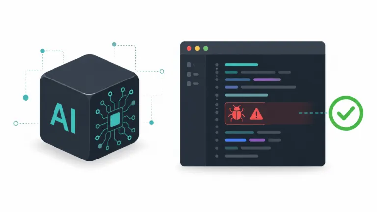 Minimal illustration of an AI cube beside a code editor highlighting a bug warning, with a green checkmark indicating the bug was caught.