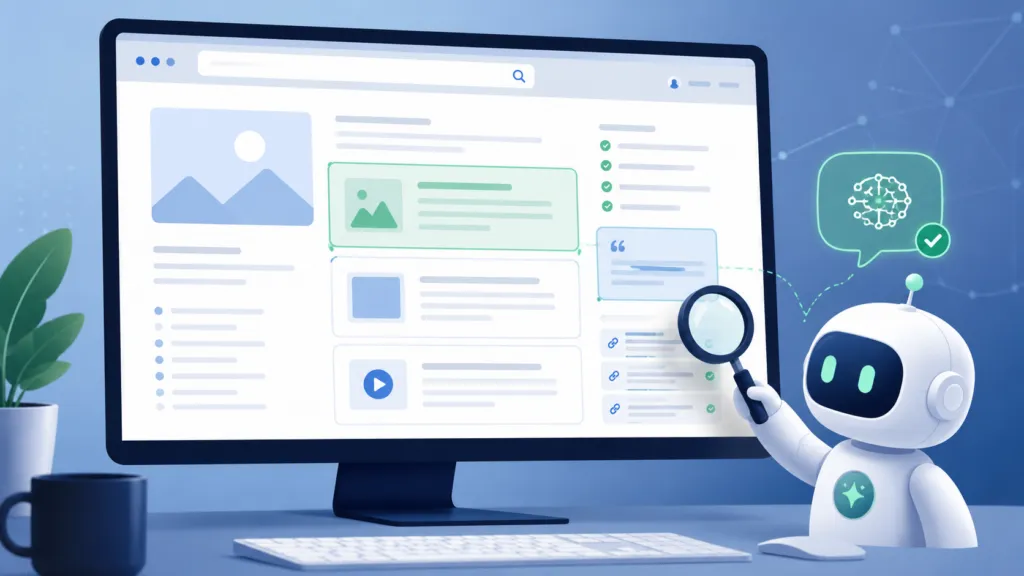 Modern illustration of a desktop monitor displaying a structured website while an AI assistant reviews highlighted content blocks with trust signals, search elements, and citation markers, representing AI-friendly website optimization.
