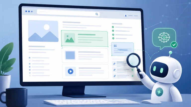 Modern illustration of a desktop monitor displaying a structured website while an AI assistant reviews highlighted content blocks with trust signals, search elements, and citation markers, representing AI-friendly website optimization.