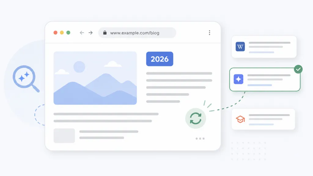 Minimal flat illustration of a webpage card on a light background featuring a prominent "2026" date badge, a refresh icon beside the content block, a simple year-free URL bar, and floating AI search-style citation cards suggesting the page is being selected as a trusted source.