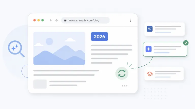 Minimal flat illustration of a webpage card on a light background featuring a prominent "2026" date badge, a refresh icon beside the content block, a simple year-free URL bar, and floating AI search-style citation cards suggesting the page is being selected as a trusted source.