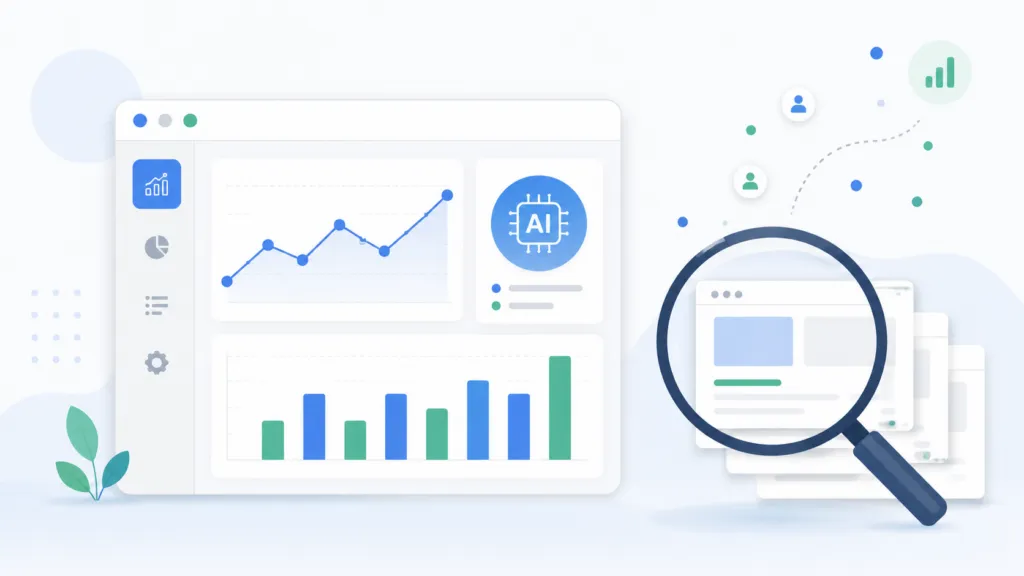 Clean analytics dashboard with line and bar charts, an AI badge, and a magnifying glass examining stacked webpage cards with floating impression metrics on a light background.