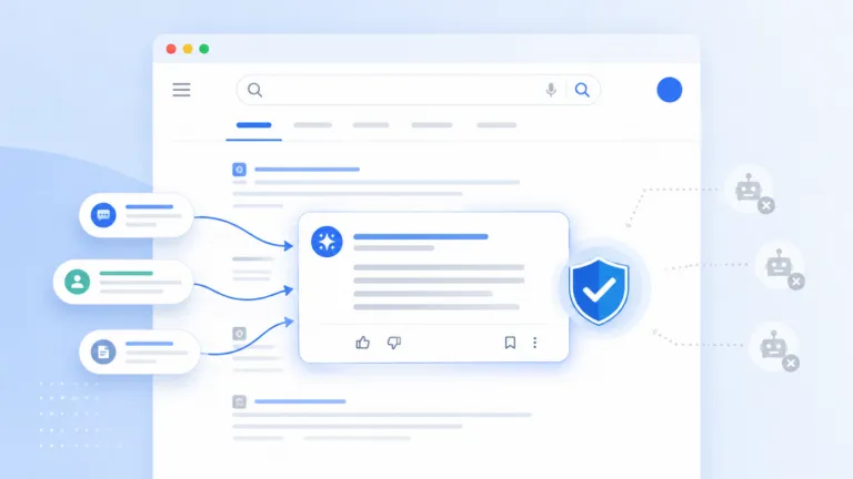 Minimal illustration of a search results page with an AI answer card, shield icon, recommendation bubbles, and fading spam dots representing Google's AI search spam protection and trustworthy AI search optimization.