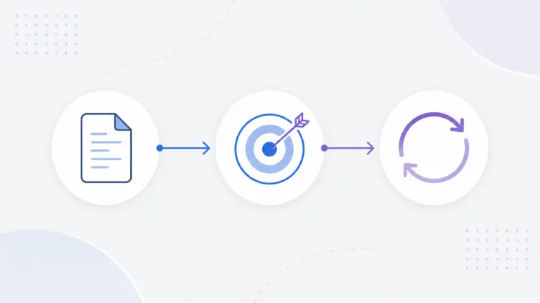 Minimalist AI workflow diagram showing a document icon connected to a target icon and a continuous optimization loop, illustrating content planning, goal alignment, and iterative improvement on a light gray background.