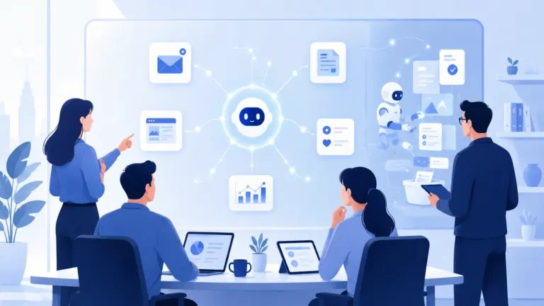 Modern illustration of a marketing team reviewing a centralized AI-powered workflow dashboard. A glowing AI assistant connects email, website, documents, social media, and analytics while the team directs strategy and the automated system handles production tasks in a clean blue-and-white office setting.