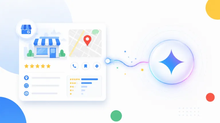 Business profile card connected to an AI assistant by a glowing link.