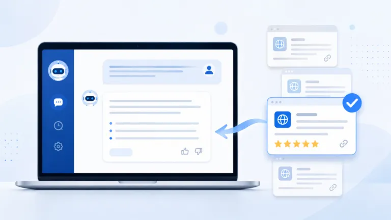 AI chatbot on a laptop screen referencing multiple web sources, including a highlighted reviewed page with a checkmark and star rating, illustrating AI-assisted research and citation-based responses.