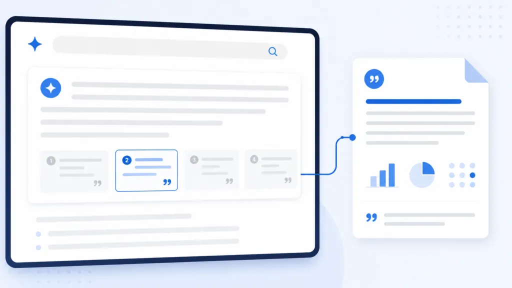 Minimal 16:9 illustration of an AI search answer displayed on a screen with one highlighted citation card connected by a blue line to a document icon. The document features a bold opening sentence, simple data visualizations, and a citation symbol, representing transparent, source-backed AI answers.