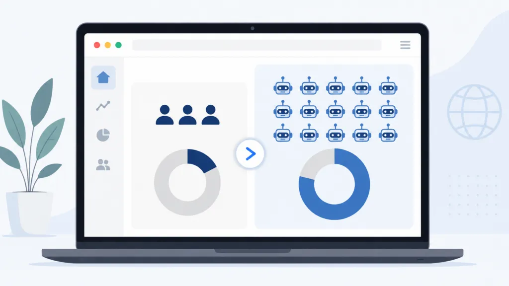 Minimal vector illustration of a laptop analytics dashboard comparing human and bot visitors, with a few human icons and many robot icons plus charts showing bots as the majority.