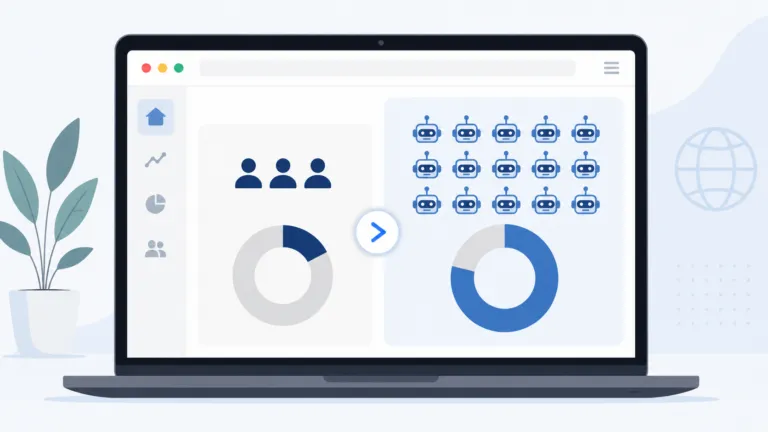 Minimal vector illustration of a laptop analytics dashboard comparing human and bot visitors, with a few human icons and many robot icons plus charts showing bots as the majority.