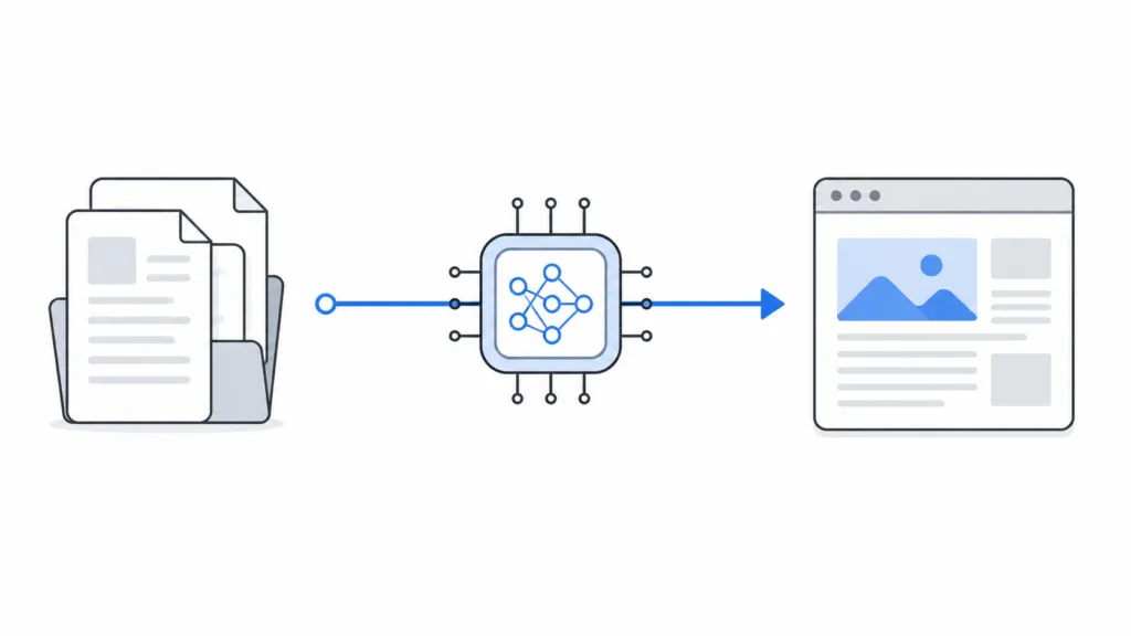 Minimal 16:9 illustration showing documents on the left flowing through an AI chip icon to a finished web article page on the right, connected by a single blue arrow.