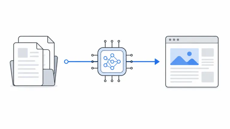 Minimal 16:9 illustration showing documents on the left flowing through an AI chip icon to a finished web article page on the right, connected by a single blue arrow.