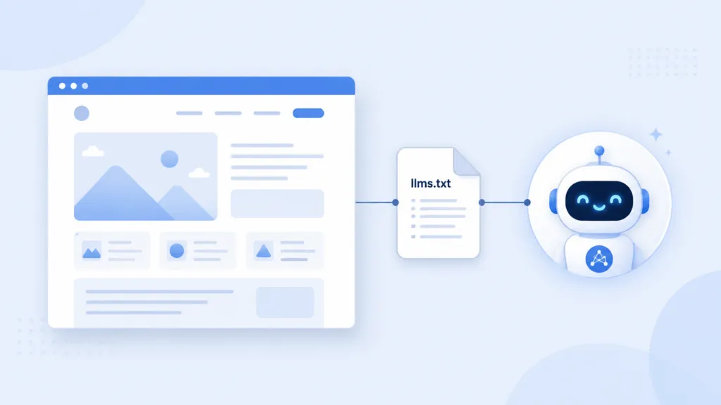 Minimalist 16:9 illustration of a website page connected to a “llms.txt” document icon and a friendly AI agent symbol, representing structured data flow between web content and AI systems in a clean blue and white modern design.