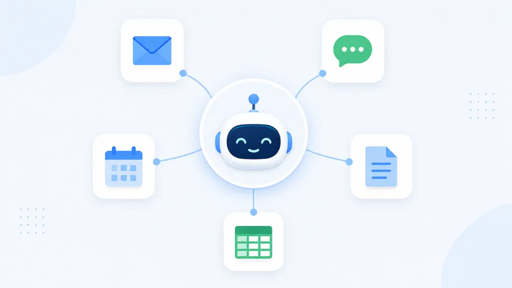 Illustration of a central AI assistant icon connected by lines to five productivity tiles: email, chat, calendar, document, and spreadsheet.