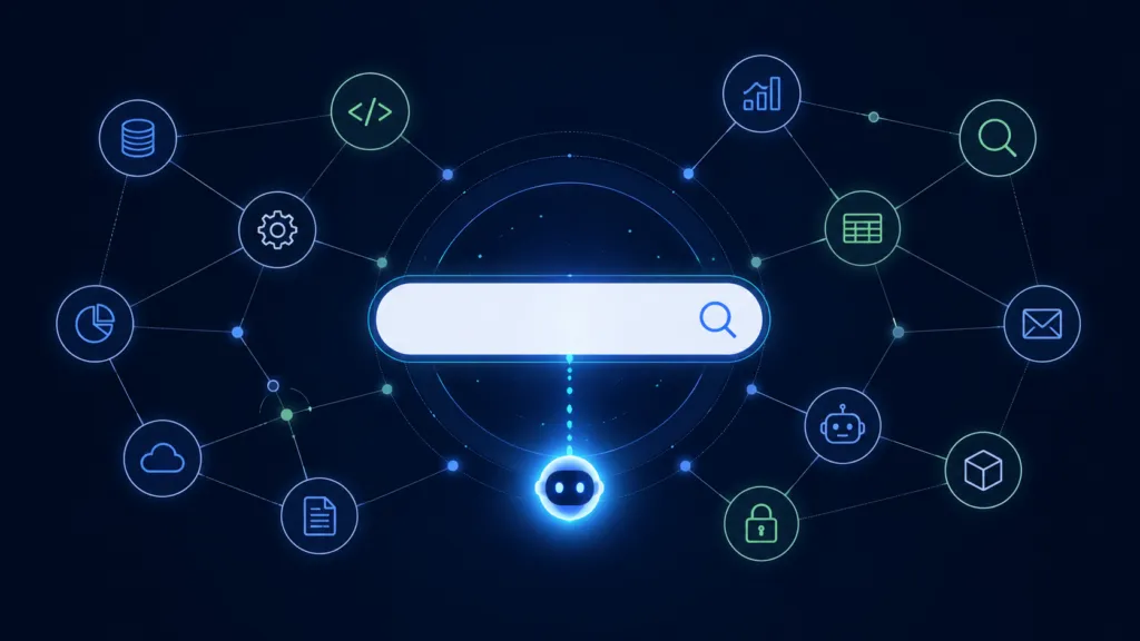 AI agent searching connected tools through a central discovery portal in a modern network diagram.