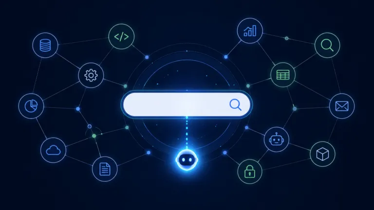 AI agent searching connected tools through a central discovery portal in a modern network diagram.