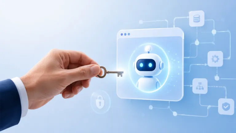 Hand holding a key toward a glowing AI agent interface, with abstract workflow connections symbolizing secure private automation.