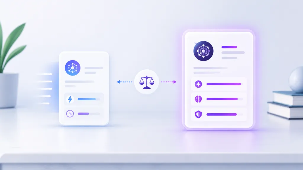 Minimal illustration comparing two AI model cards, one smaller and faster and one larger premium model, connected by a decision scale to represent choosing the best AI model based on speed, capability, and cost.
