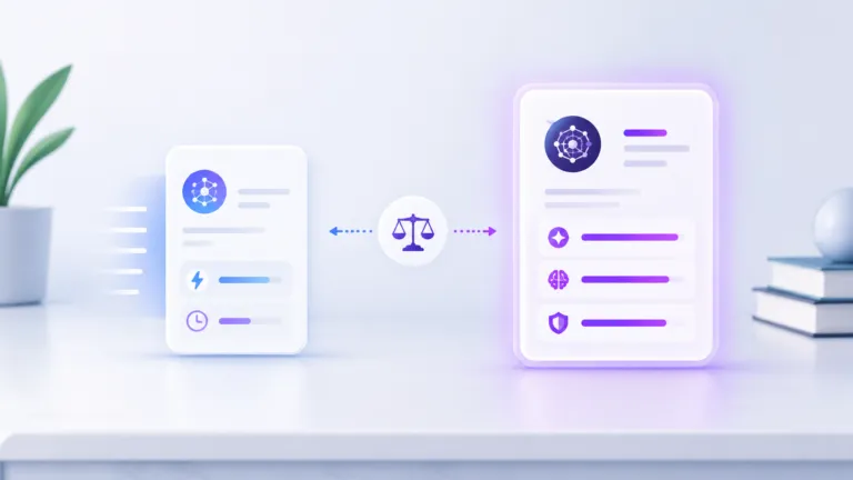 Minimal illustration comparing two AI model cards, one smaller and faster and one larger premium model, connected by a decision scale to represent choosing the best AI model based on speed, capability, and cost.