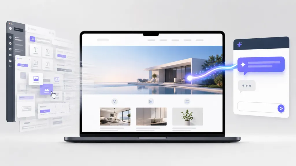 AI chat updating a modern website as a traditional CMS and drag-and-drop page builder fade away.