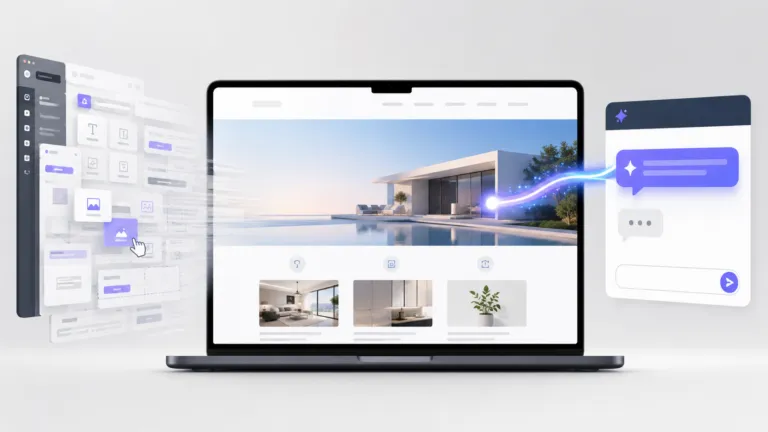 AI chat updating a modern website as a traditional CMS and drag-and-drop page builder fade away.