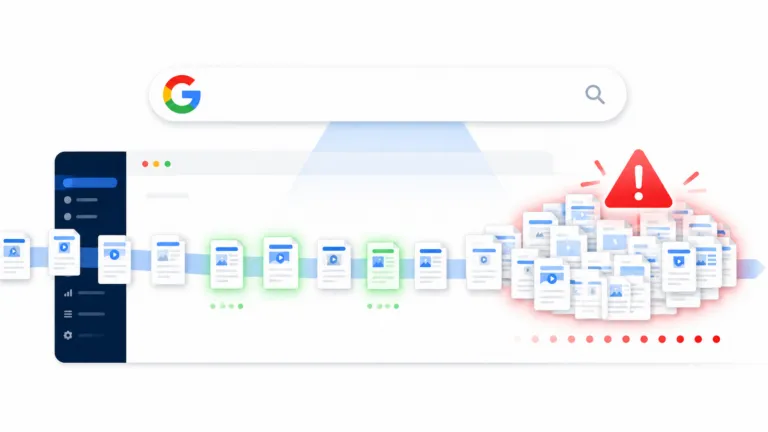 Website publishing dashboard showing steady content growth and a sudden spike flagged as potential scaled content abuse.