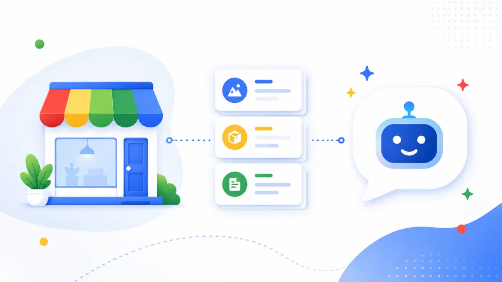 Illustration of a local storefront connected to an AI chat assistant through organized knowledge base cards, representing AI-powered customer support, business information, and automated responses.