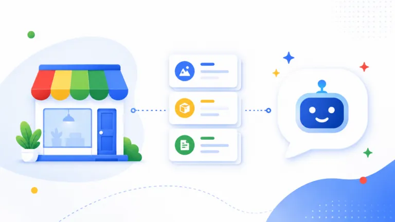 Illustration of a local storefront connected to an AI chat assistant through organized knowledge base cards, representing AI-powered customer support, business information, and automated responses.